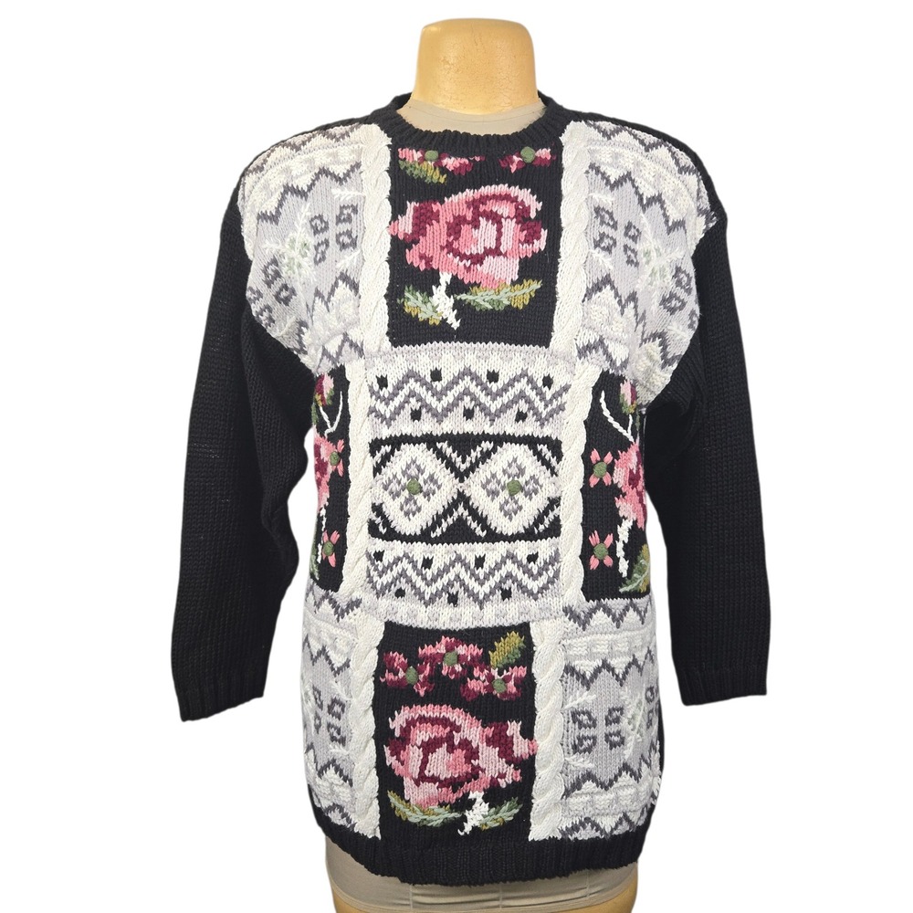 Jennifer Reed Hand Knitted Floral‎ Patchwork Intarsia Sweater Black Pink Large